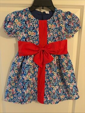 Taylor Girls Navy Floral Dress with Red Bow Accent Size 3-4 New